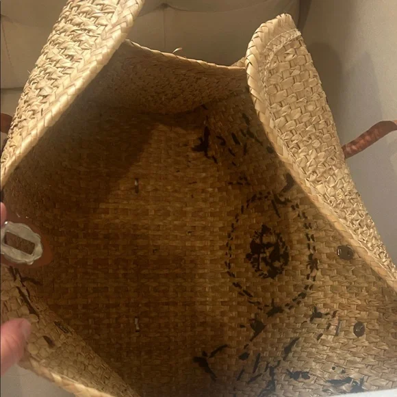 Woven Straw Tote Bag with Brown Leather Trim and Floral Accents -Acapulco - Picture 10 of 13